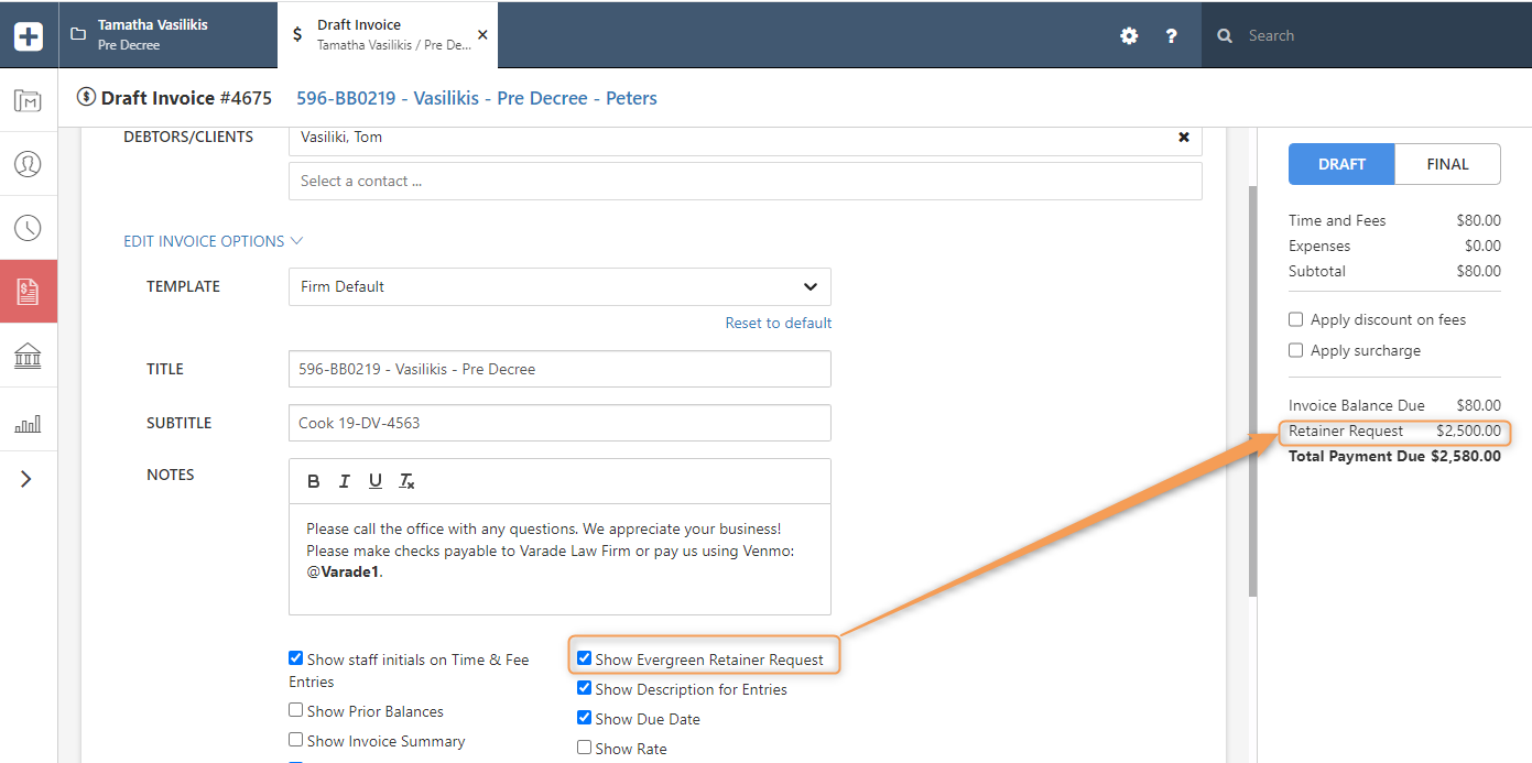 Add an Evergreen Retainer request to an invoice – Smokeball Support Hub